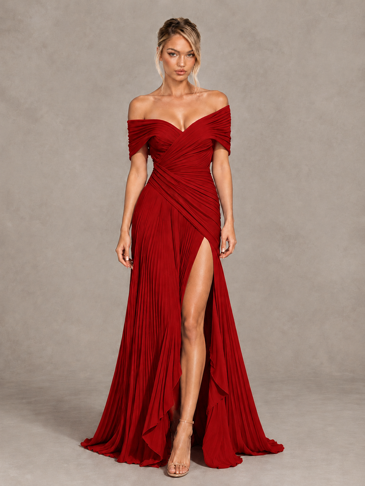 BOLODOO Red Off-Shoulder Ruched Pleated Maxi Dress with High Slit - Red - Red (1)