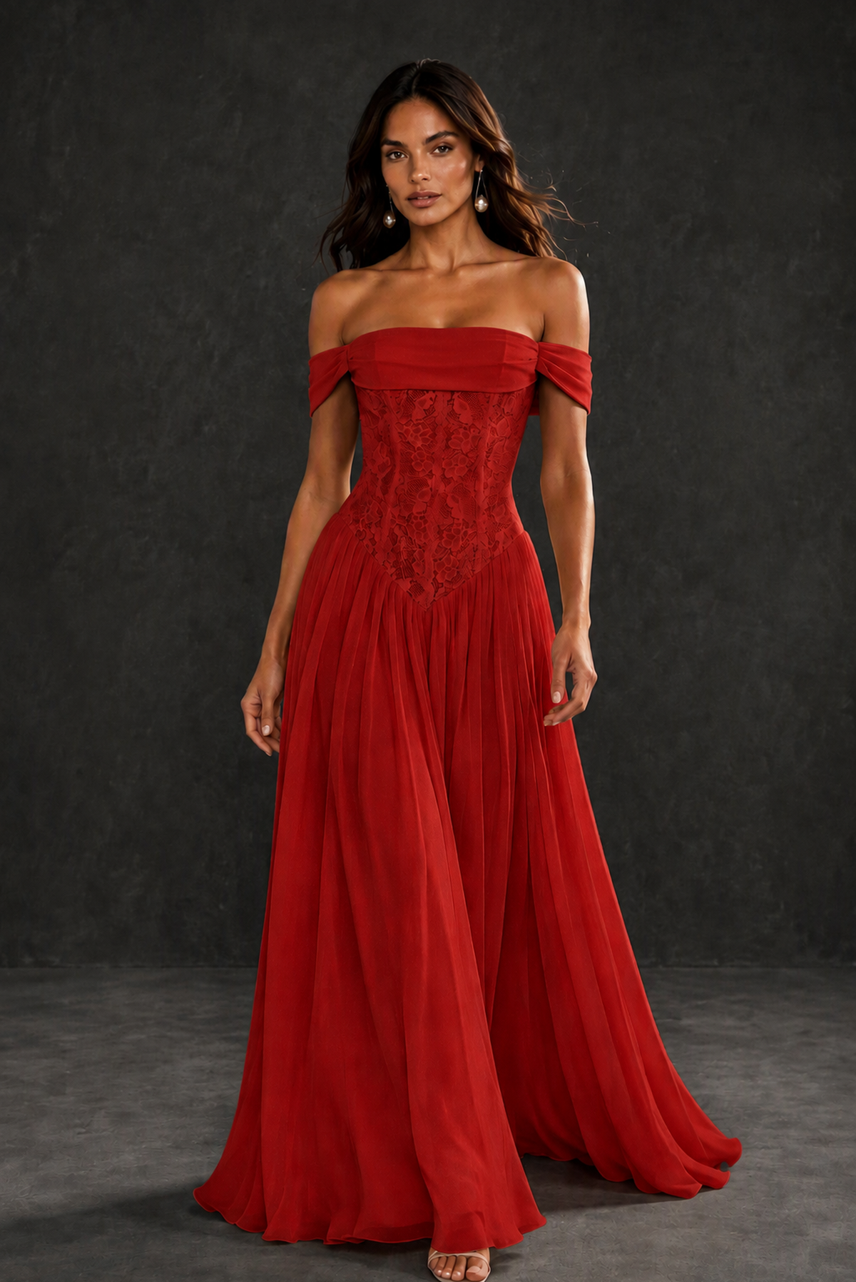 BOLODOO Red Off-Shoulder Lace Corset Tulle Maxi Dress - Red