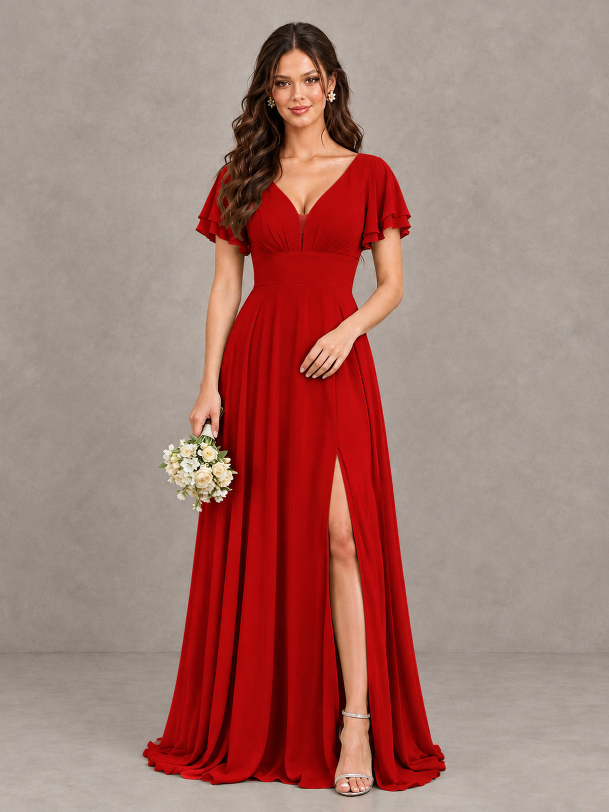 BOLODOO Red Flutter Sleeve Chiffon A-Line Maxi Bridesmaid Dress with Open Back & Slit - Red - Red (1)