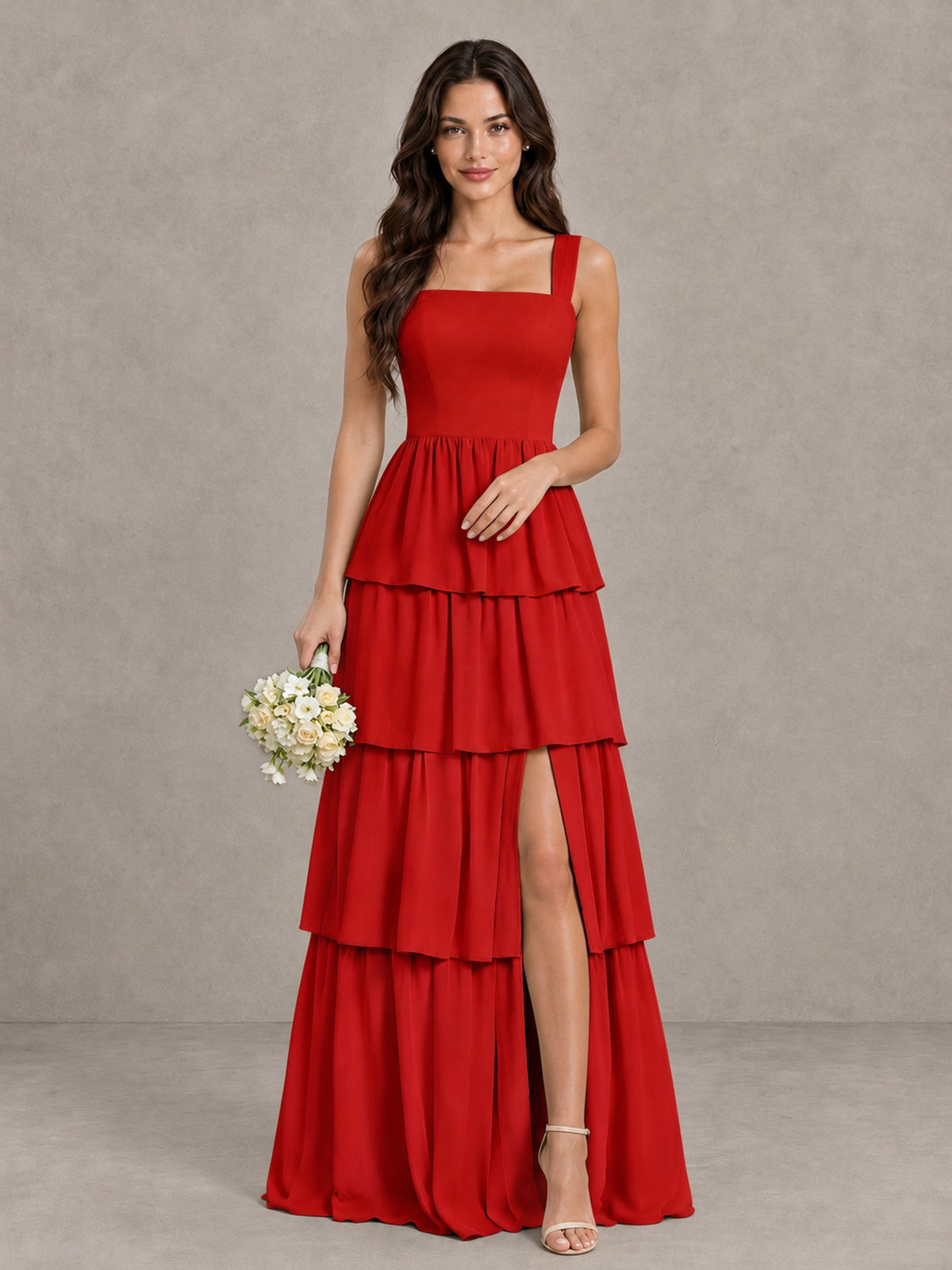 BOLODOO Red Square Neck Tiered Bridesmaid Dress with Slit - Red - Red (1)