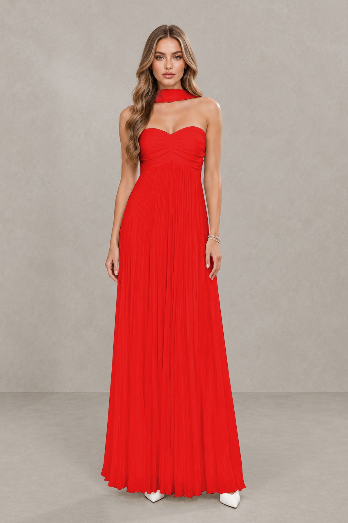 BOLODOO Red Strapless Chiffon-Look Maxi Dress with Lace-Up Back & Cape - Red
