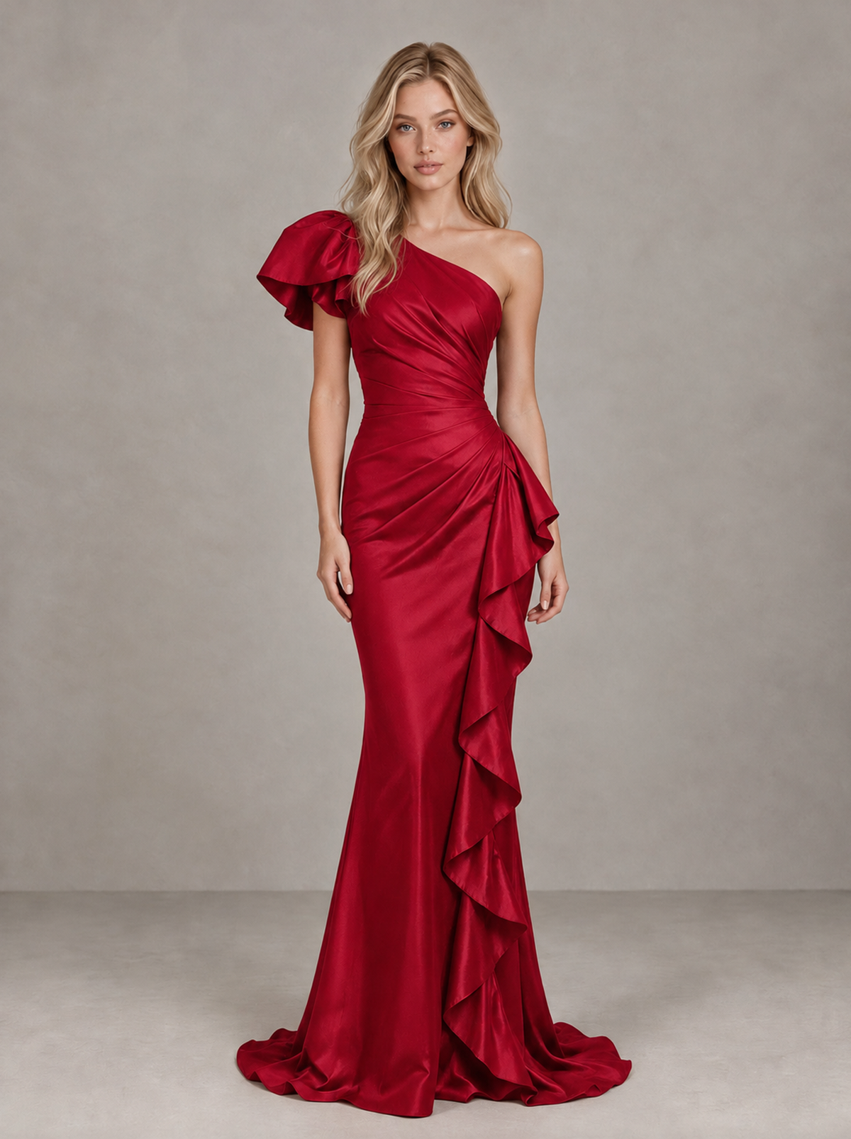 BOLODOO Red One-Shoulder Satin-Look Mermaid Evening Dress with Ruffles - Red - Red (1)