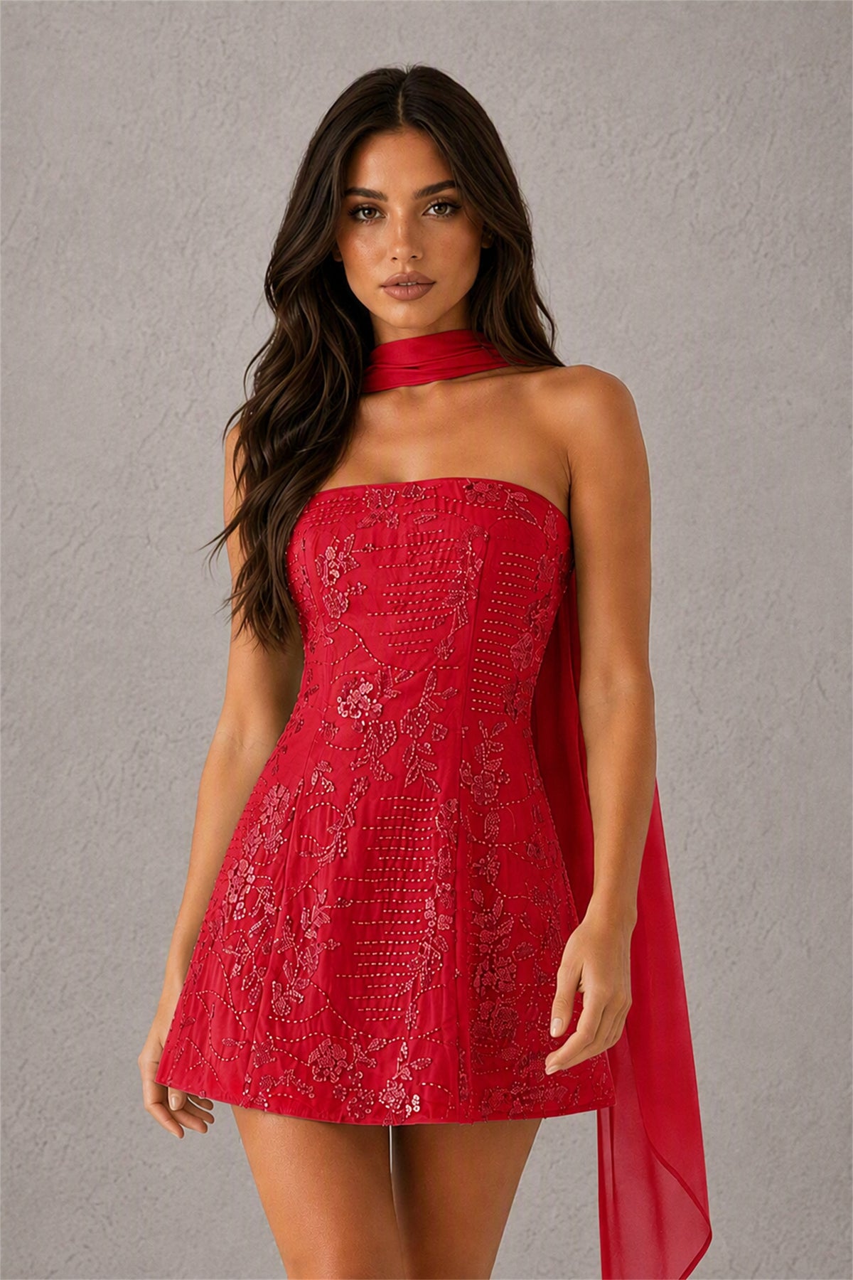 BOLODOO Red Strapless Sequin Floral Embroidered Mini Dress with Detachable Chiffon Neck Scarf - Red