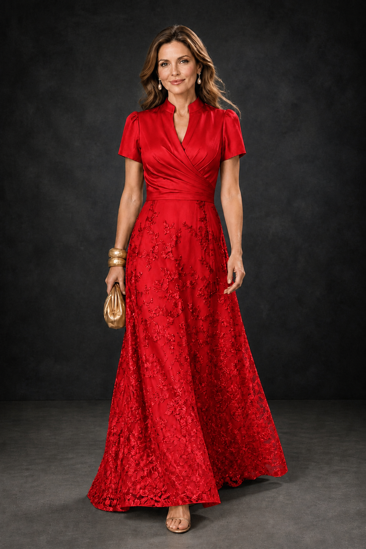BOLODOO Red Satin Wrap V-Neck Short Sleeve Lace Glitter A-Line Floor Length Evening Gown – Formal Dress - Red - Red (1)