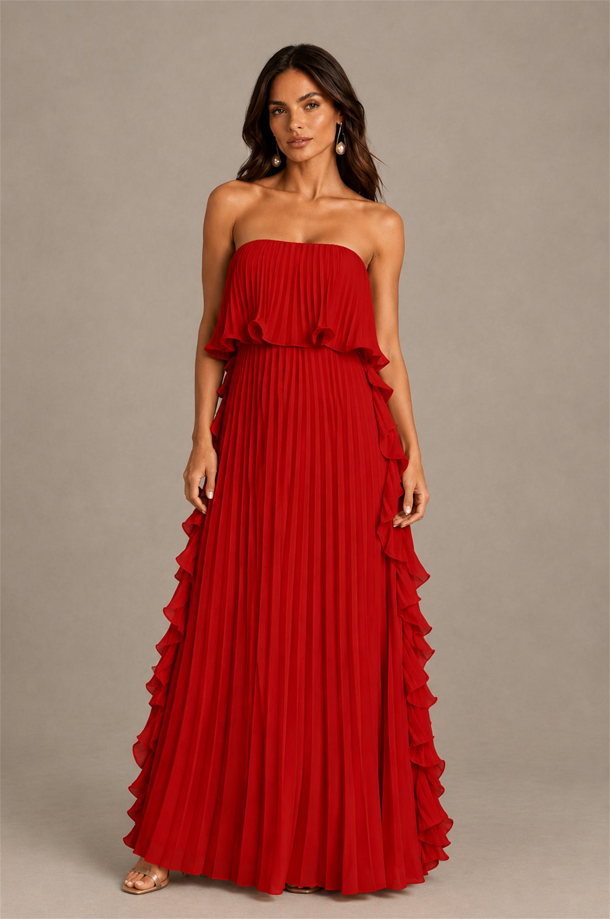 BOLODOO Red Strapless Ruffle Bodice Dual Cascading Ruffle Accordion Pleated Chiffon Maxi Dress - Red