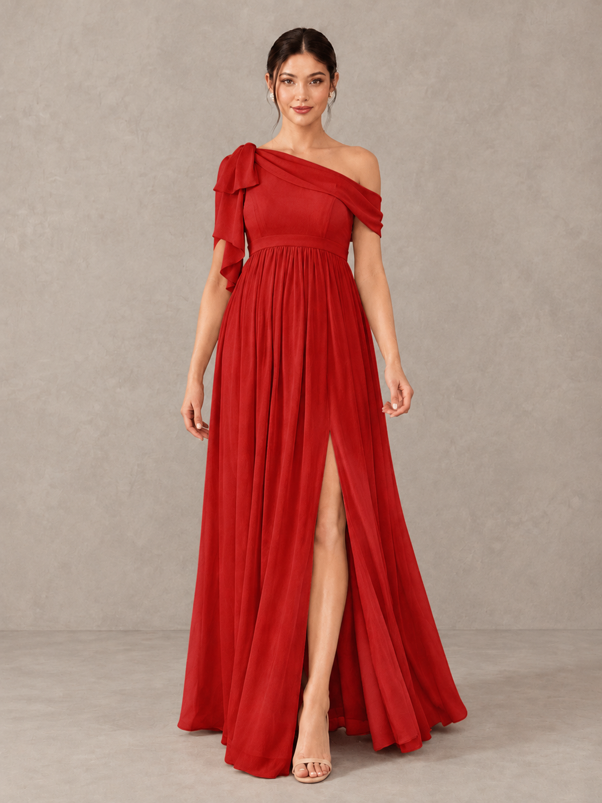 BOLODOO Red One-Shoulder Maternity Bridesmaid Dress with Slit - Red - Red (1)