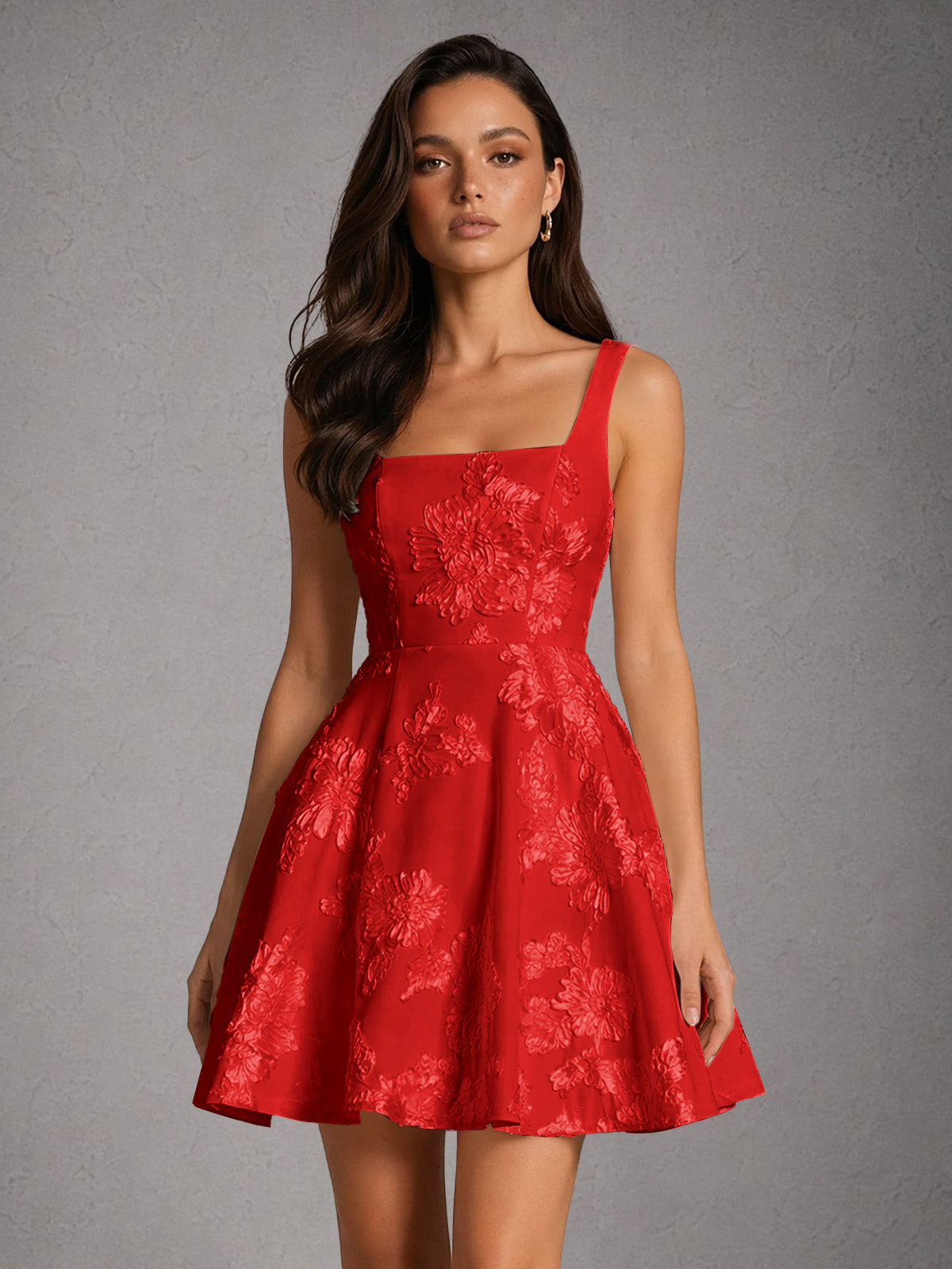 BOLODOO Pearl Red Iridescent Floral Embroidered Square Neck Wide Strap A-Line Mini Dress with Lace-Up Back - Red