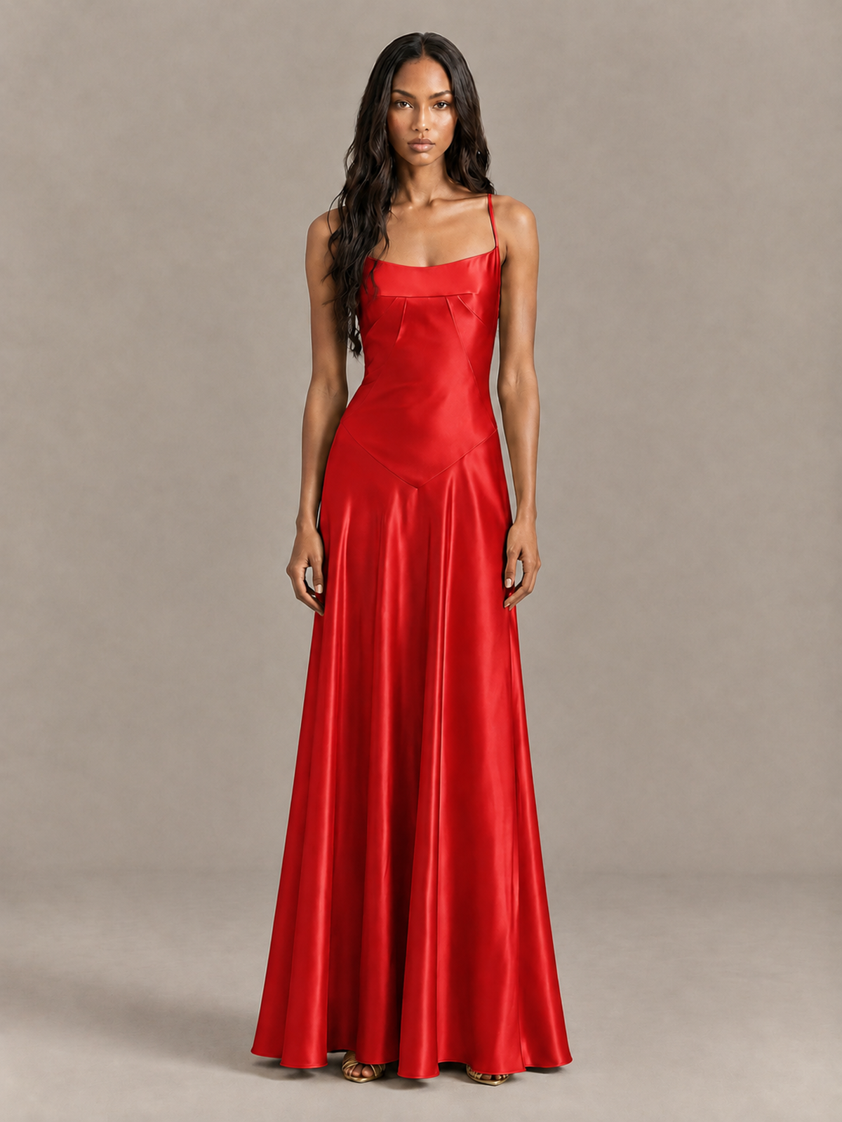 BOLODOO Red Satin Lace-Up Back Maxi Dress - Red