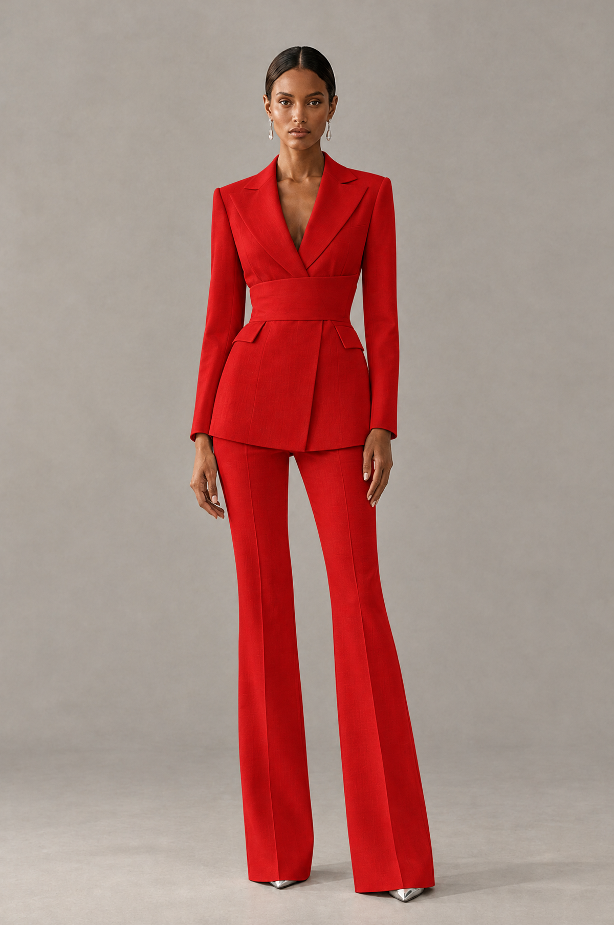 BOLODOO Red Two-Piece Pantsuit with Tailored Blazer & Flared Pants - Red - Red (1)