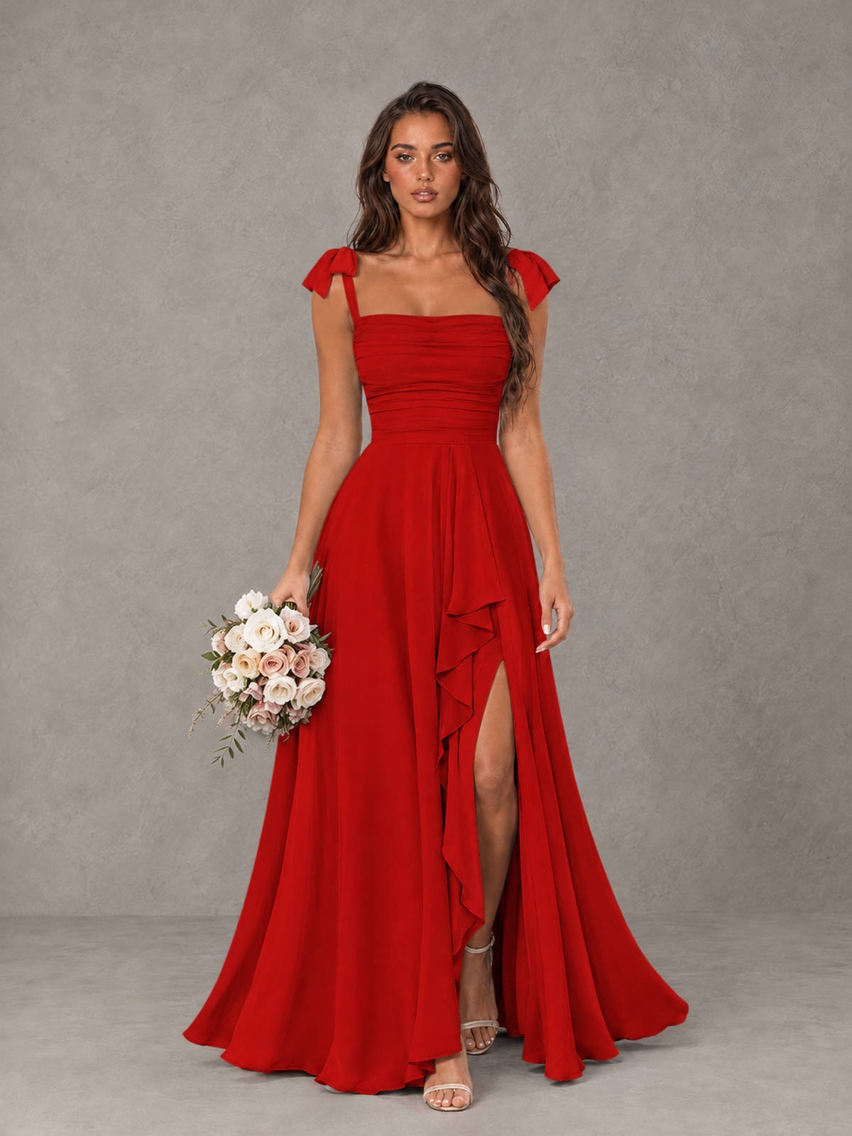 BOLODOO Red Bow-Strap Bridesmaid Dress with Ruffle Slit - Red - Red (1)