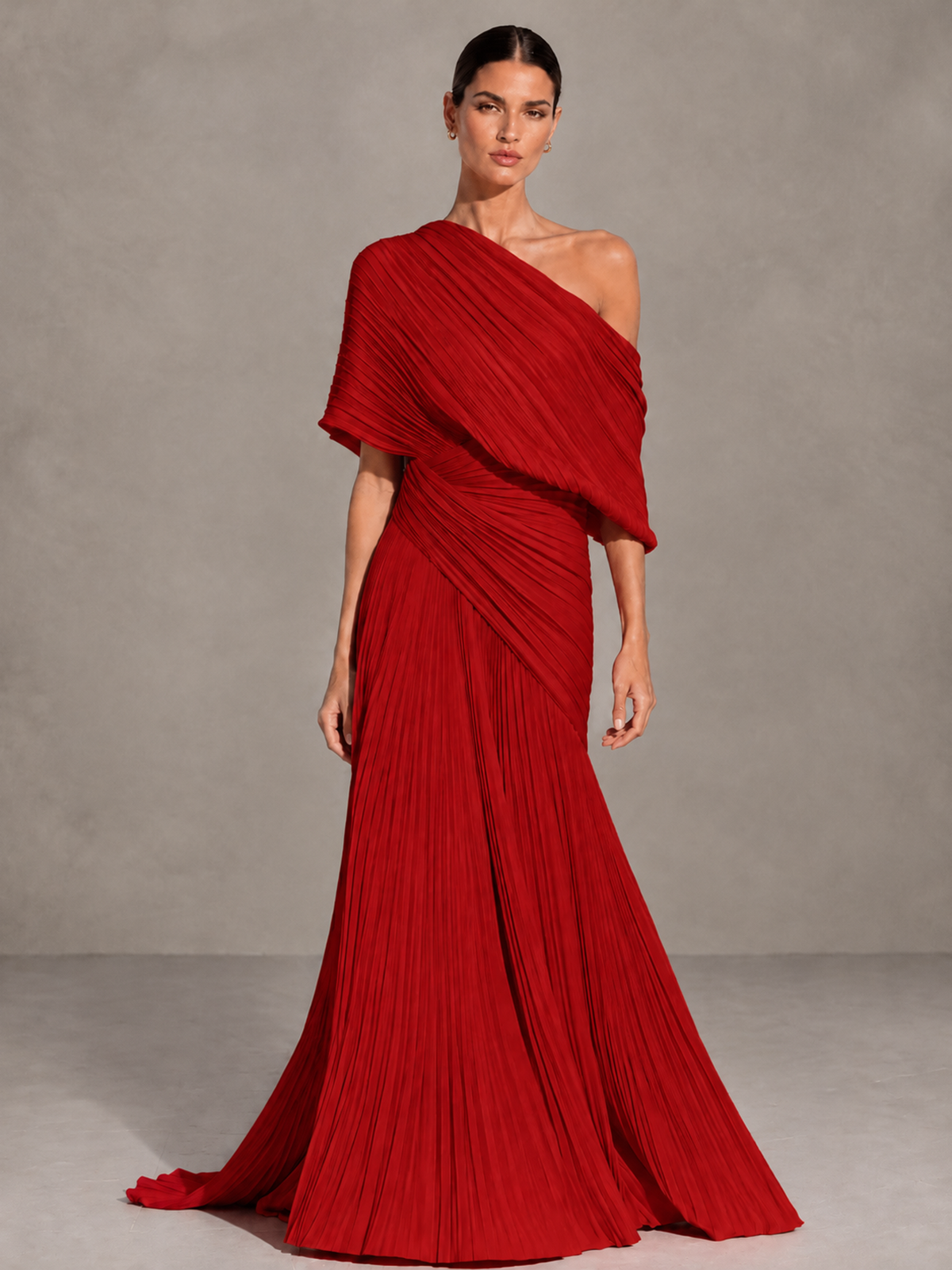 BOLODOO Red One-Shoulder Pleated Cape Evening Gown with Train - Red - Red (1)