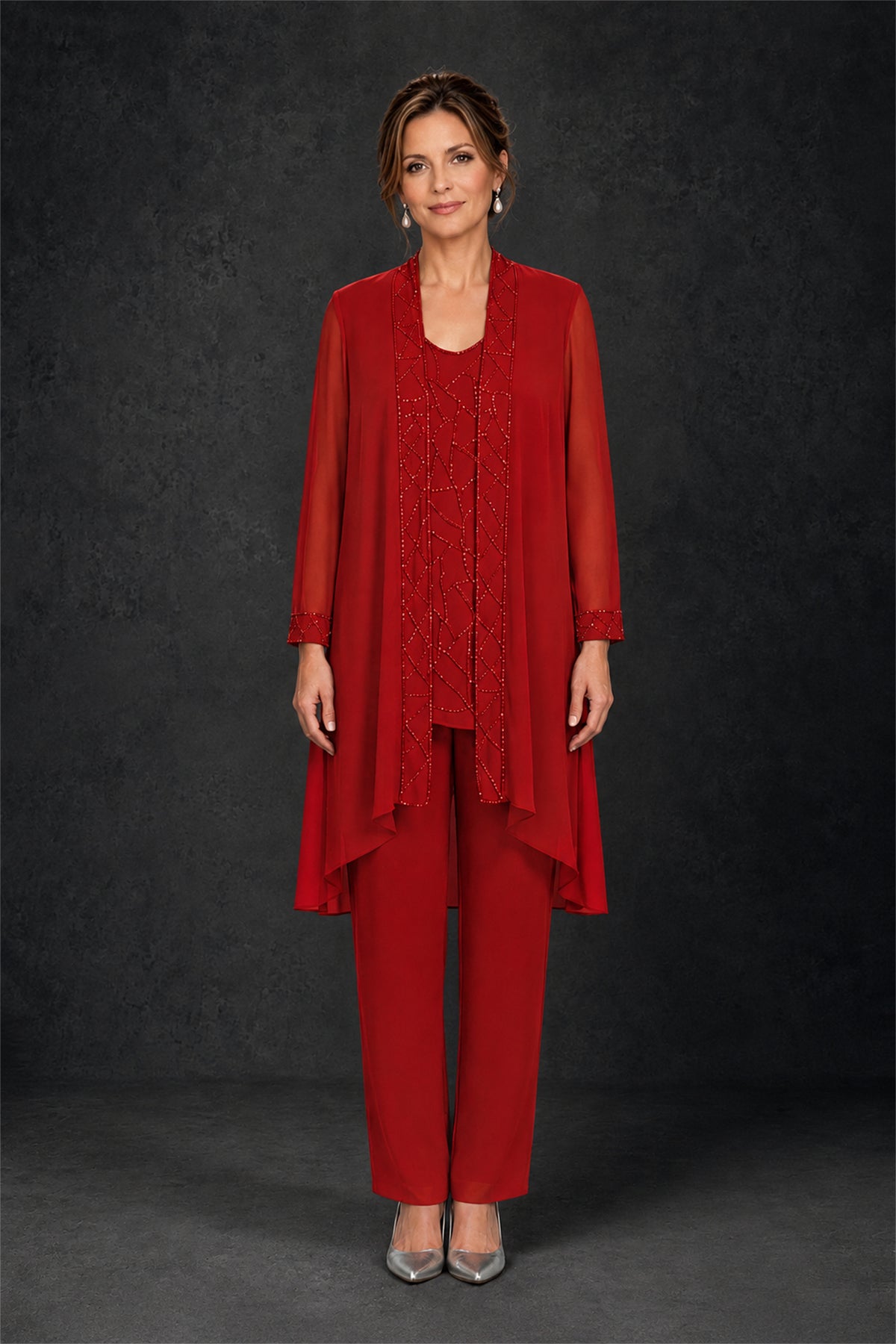 BOLODOO Red 3-Piece Beaded Chiffon Duster Jacket Pant Suit - Red