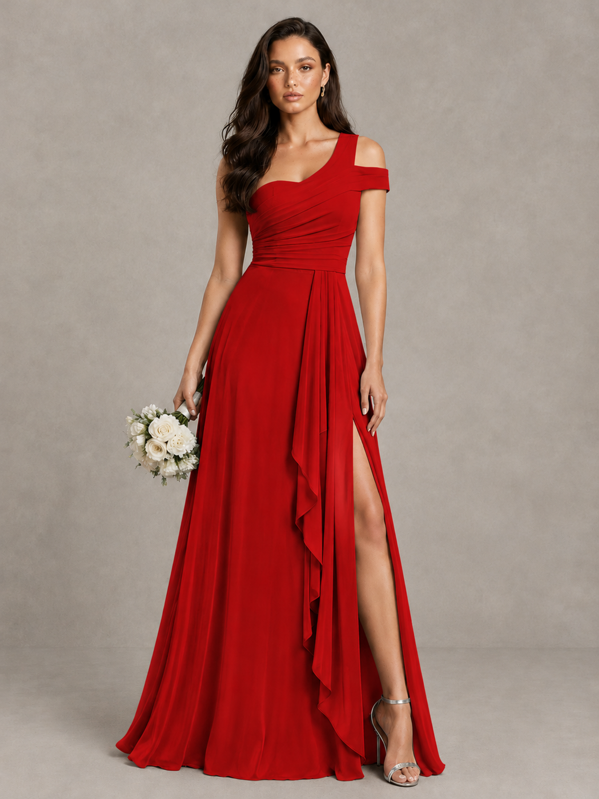 BOLODOO Red One-Shoulder Bridesmaid Dress with Side Slit - Red - Red (1)