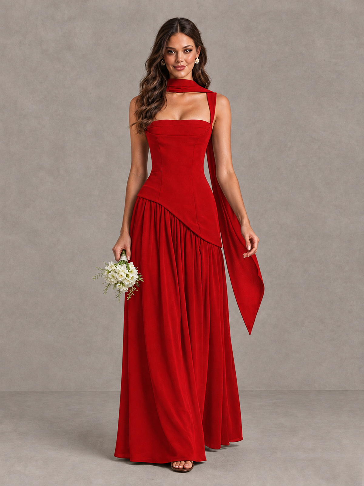 BOLODOO Red Brown Scarf Bridesmaid Dress with Lace-Up Back - Red - Red (1)