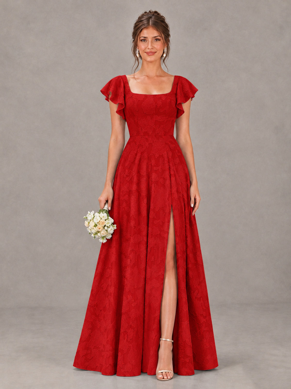 BOLODOO Red Floral Flutter Sleeve Bridesmaid Dress with Slit - Red - Red (1)