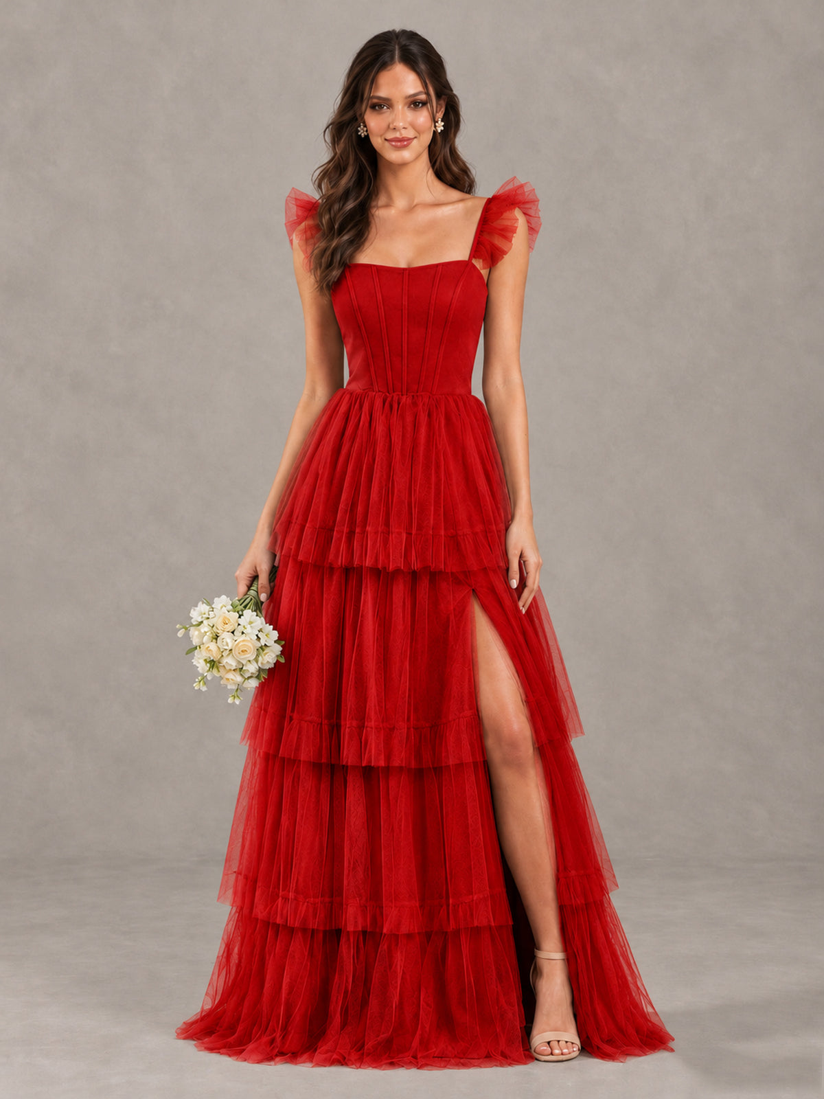 BOLODOO Red Tiered Tulle Bridesmaid Dress with Slit - Red - Red (1)