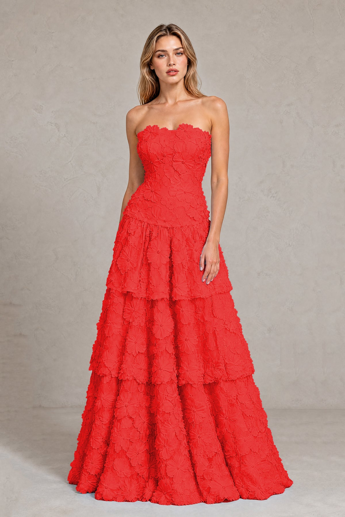 BOLODOO Red Strapless 3D Floral Tiered Evening Gown - Red