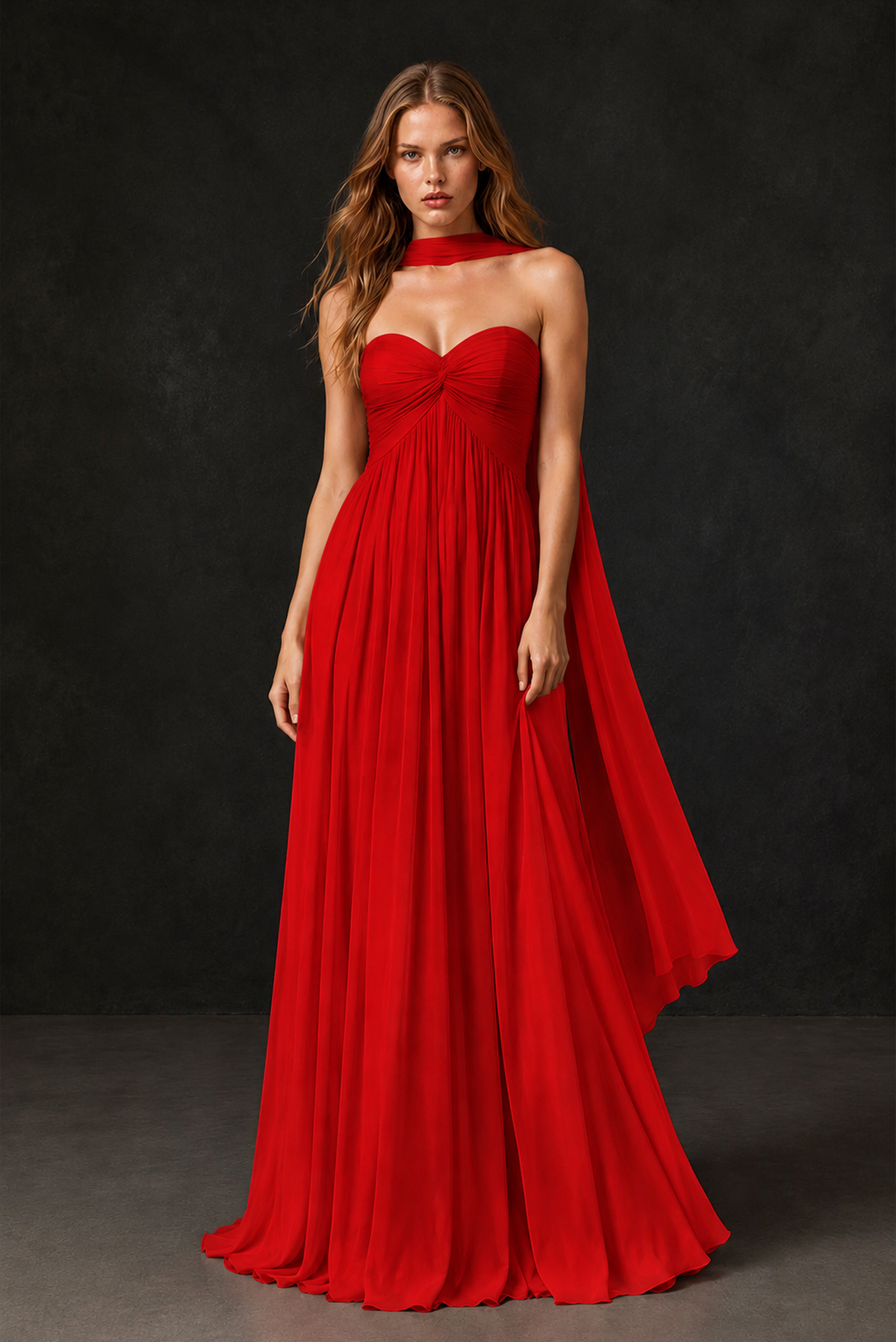 BOLODOO Red Sweetheart Strapless Twist Knot Detached Halter Scarf Lace-Up Back Empire Waist Chiffon Maxi Dress - Red