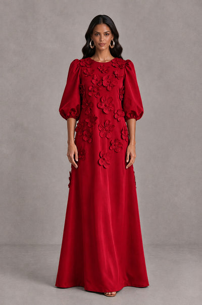 BOLODOO Red Floral Applique Puff Sleeve A-Line Evening Dress - Red - Red (1)