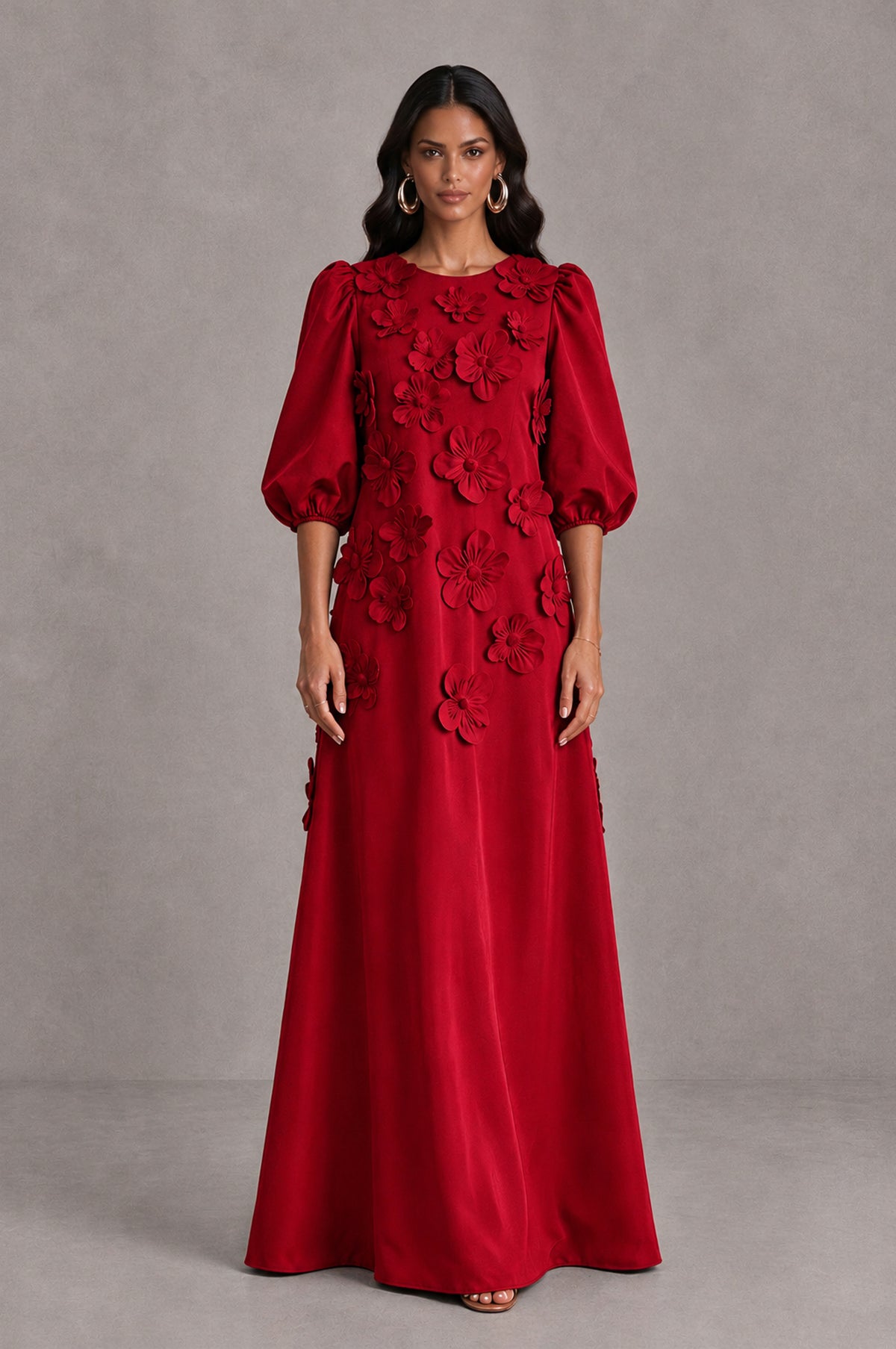 BOLODOO Red Floral Applique Puff Sleeve A-Line Evening Dress - Red - Red (1)