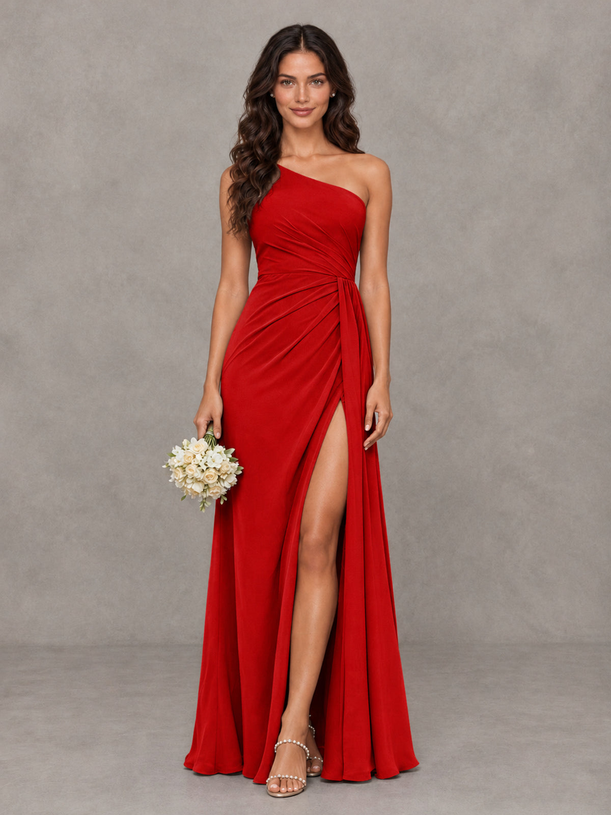 BOLODOO Red One-Shoulder Chiffon Bridesmaid Dress with Ruched Bodice & High Slit - Red - Red (1)