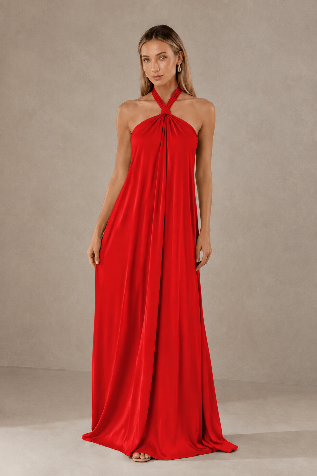 BOLODOO Red Backless Halter Satin Bridesmaid Dress - Red