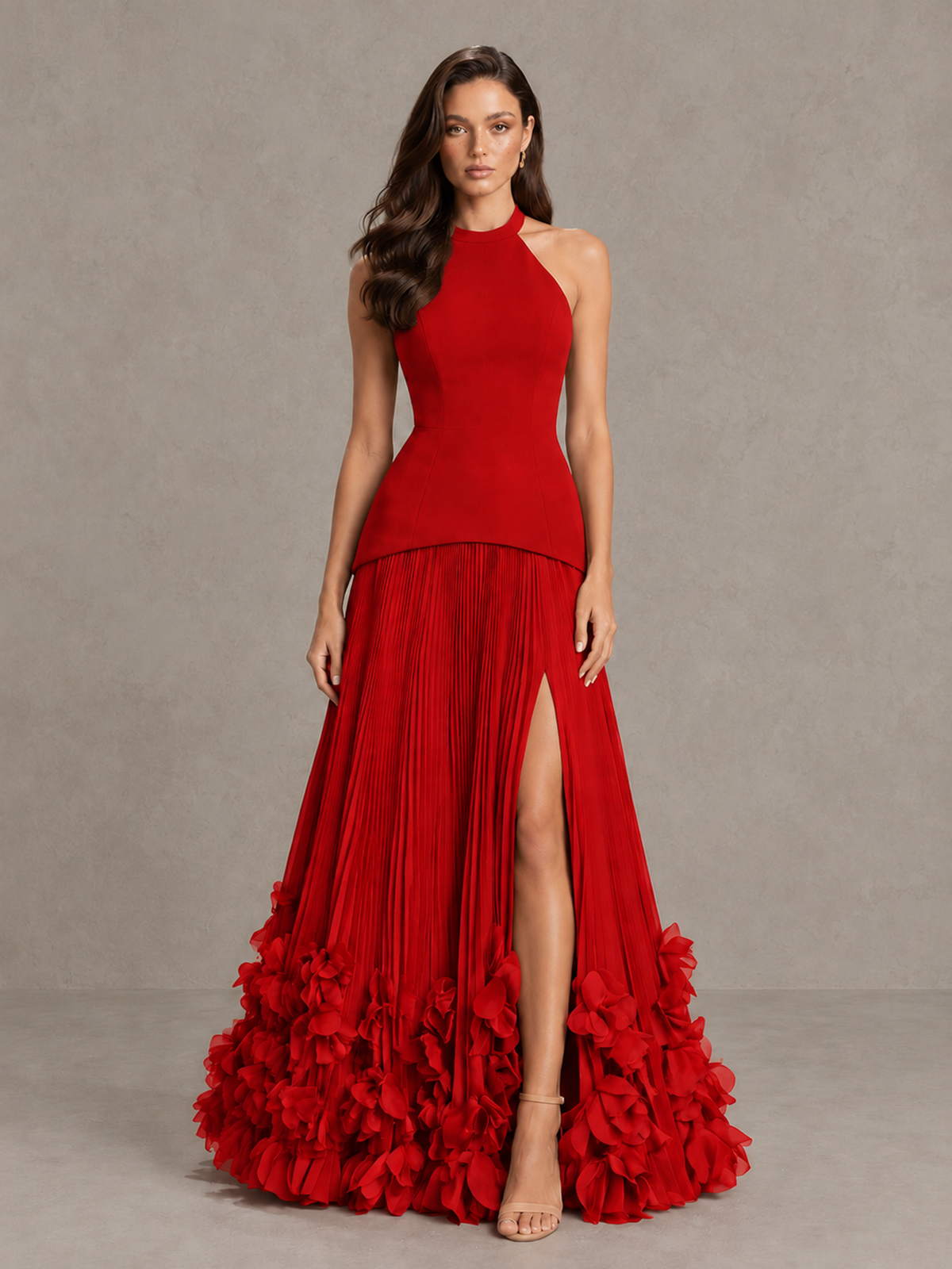 BOLODOO Red Halter Neck Floor-Length Evening Gown with High Slit & 3D Floral Hem - Red - Red (1)