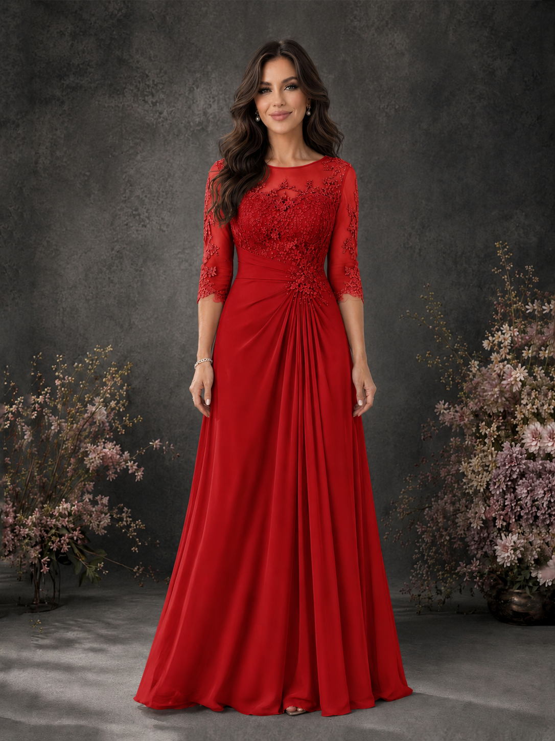 BOLODOO Red Chiffon Lace Illusion Neckline 3/4 Sleeve Floor Length Formal Gown - Red
