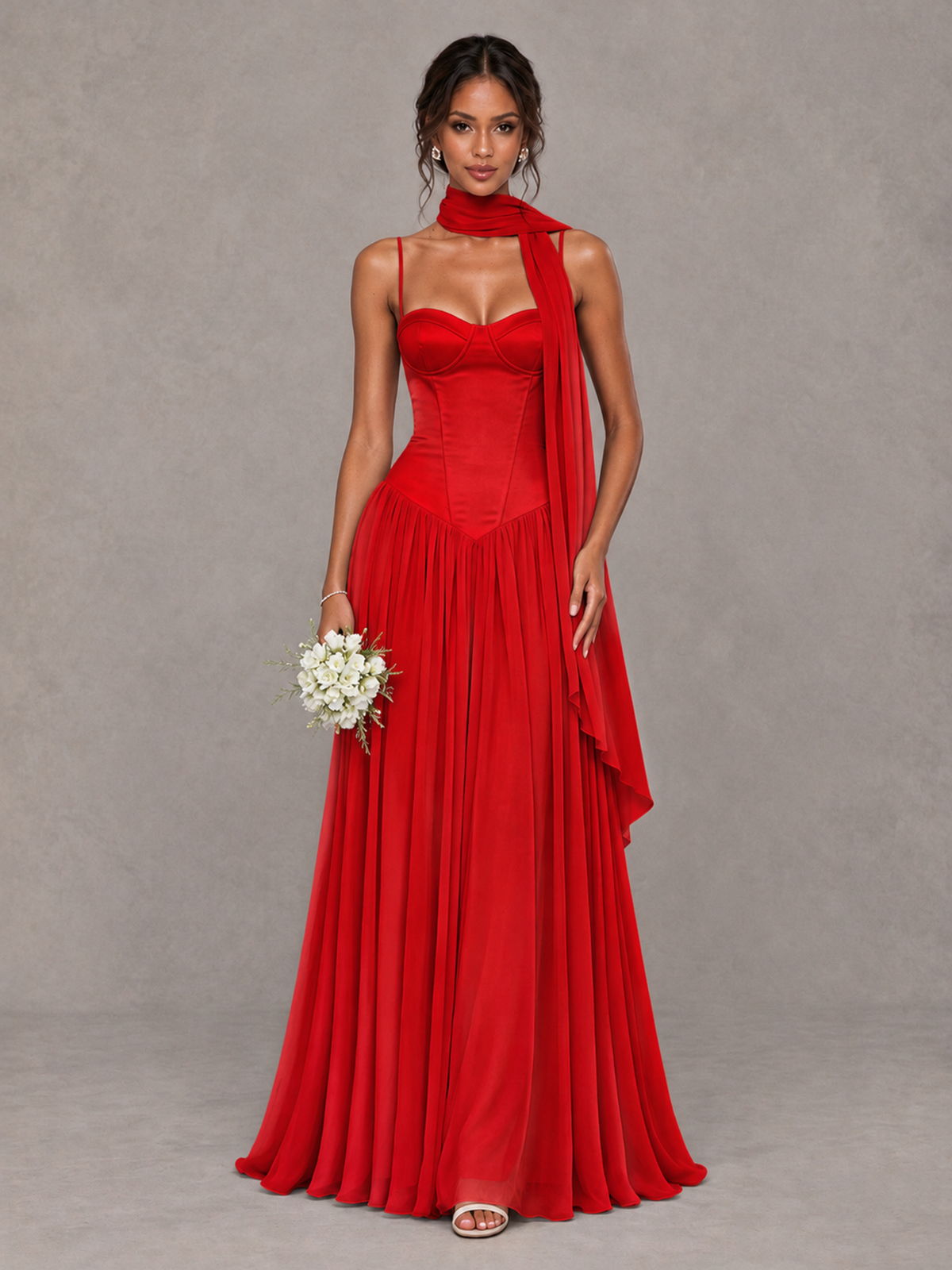 BOLODOO Red Corset Bridesmaid Dress with Scarf - Red - Red (1)
