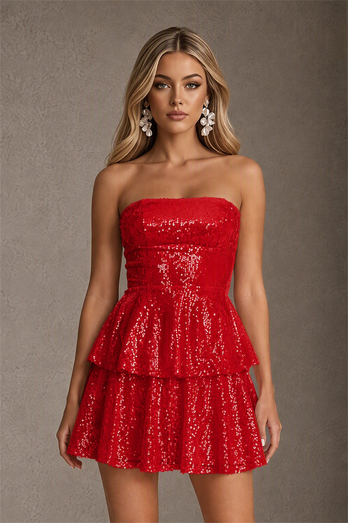 BOLODOO Red Iridescent Sequin Strapless Open Back Bow Tiered Mini Dress | Aurora Sequin Ruffle Party Dress - Red