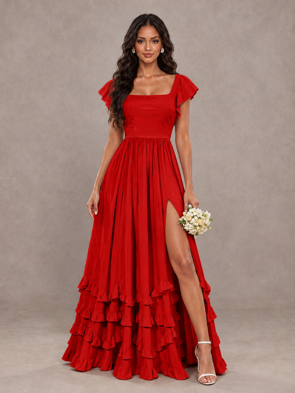 BOLODOO Red Flutter Sleeve Ruffle Bridesmaid Dress with Slit - Red - Red (1)
