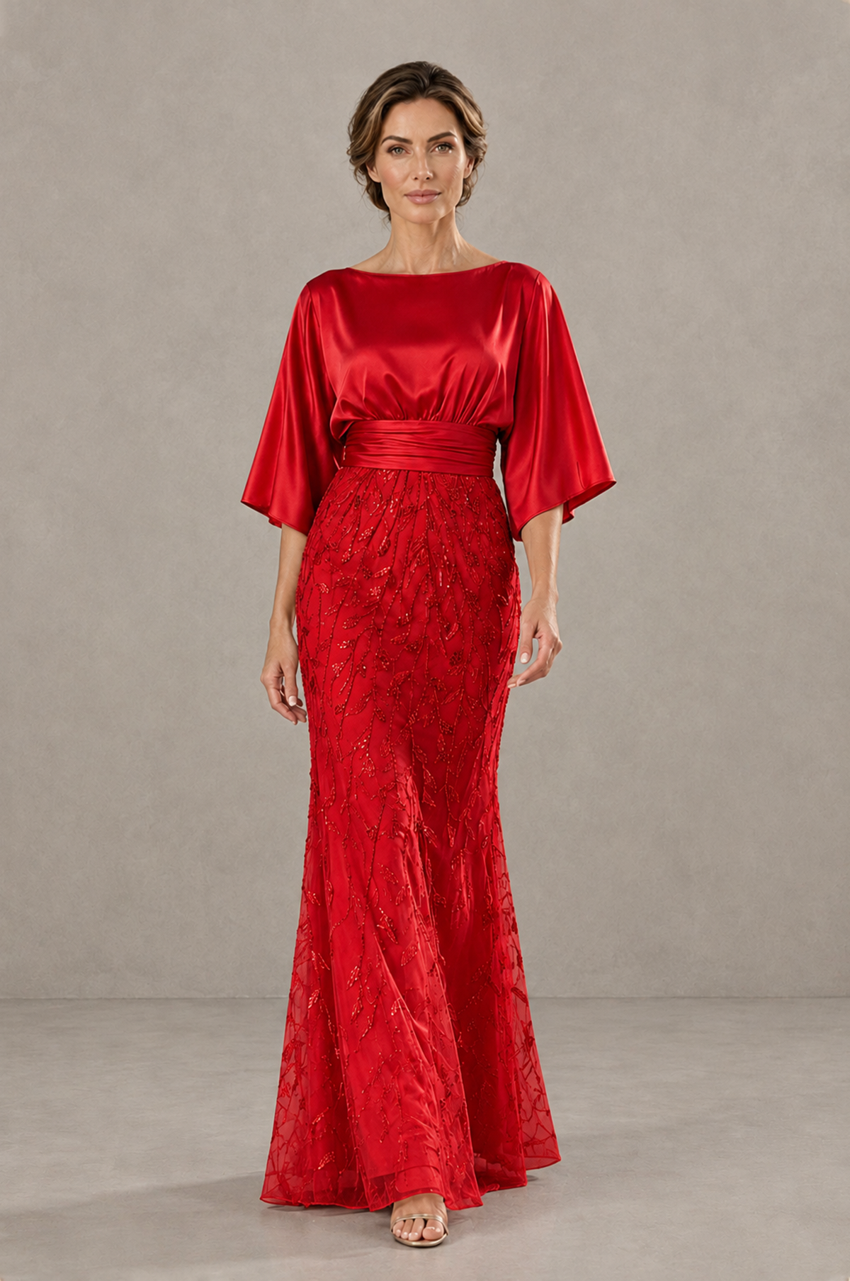 BOLODOO Red Mother of the Bride Dress with Kimono Sleeves, Satin Bodice & Sequin Embroidered Mermaid Floor-Length Gown - Red - Red (1)