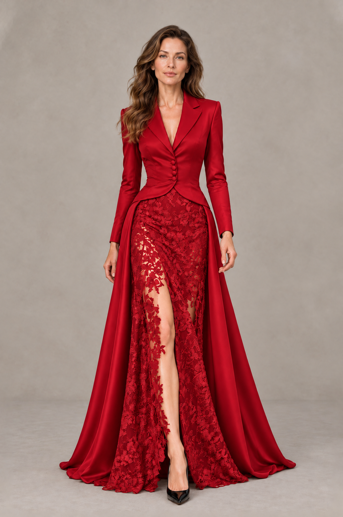 BOLODOO Red Long Sleeve Lace Blazer Gown with High Slit - Red - Red (1)