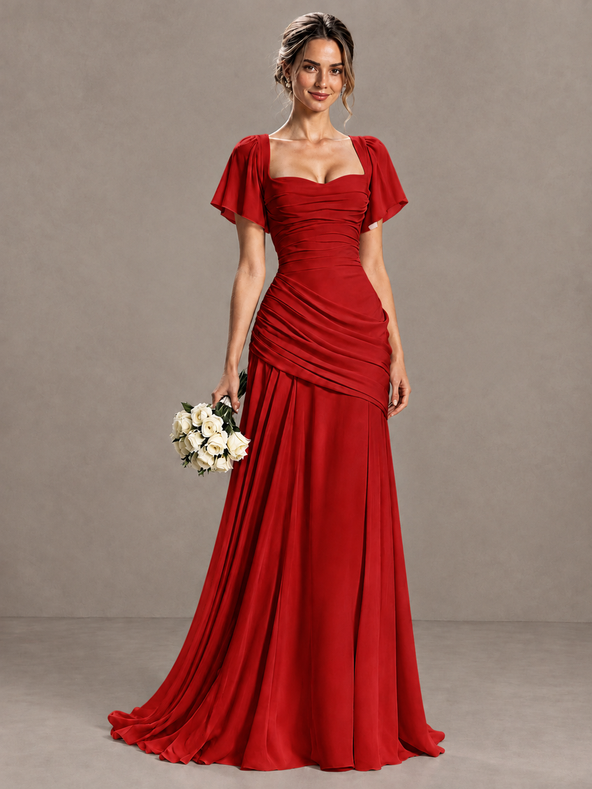 BOLODOO Red Flutter Sleeve Lace-Up Back Maxi Dress - Red - Red (1)