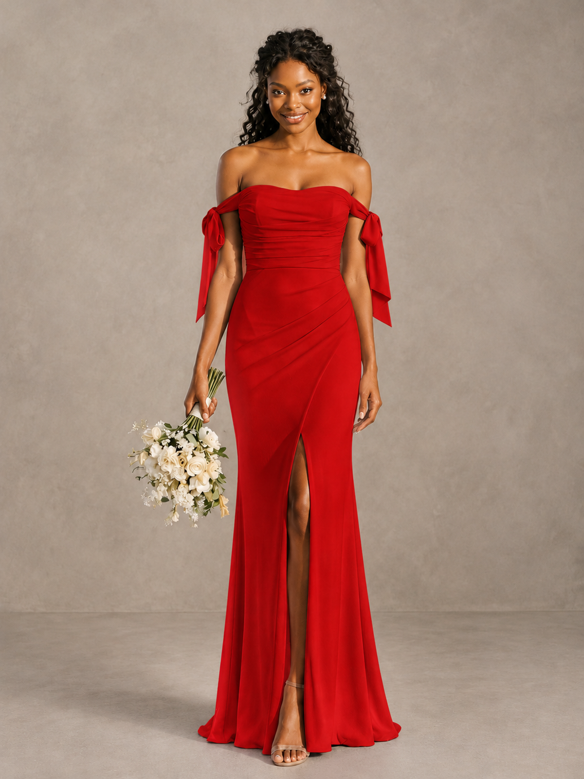 Red Off-Shoulder Bow Bridesmaid Dress with Slit - Red - Red (1)