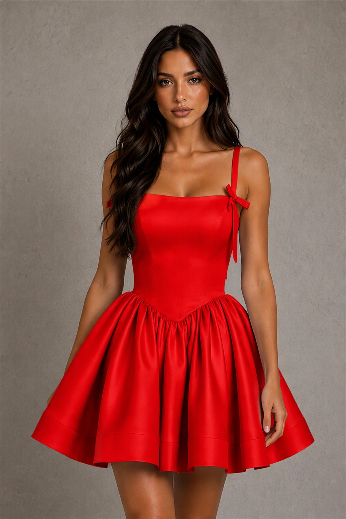 BOLODOO Baby Red Satin Square Neck Bow Strap Lace-Up Back Bubble Mini Dress | Cocktail Party Date Night Dress - Red