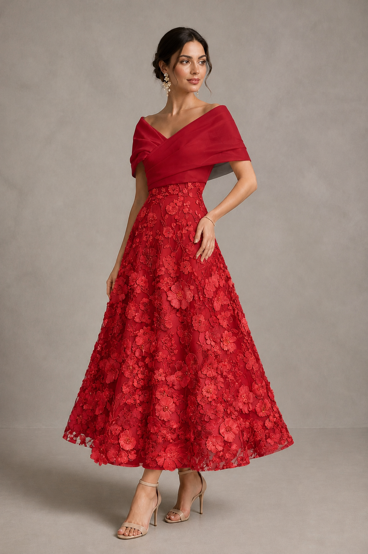 Red Off-Shoulder Satin & 3D Floral Embroidered Tulle Tea Length A-Line Dress - Red