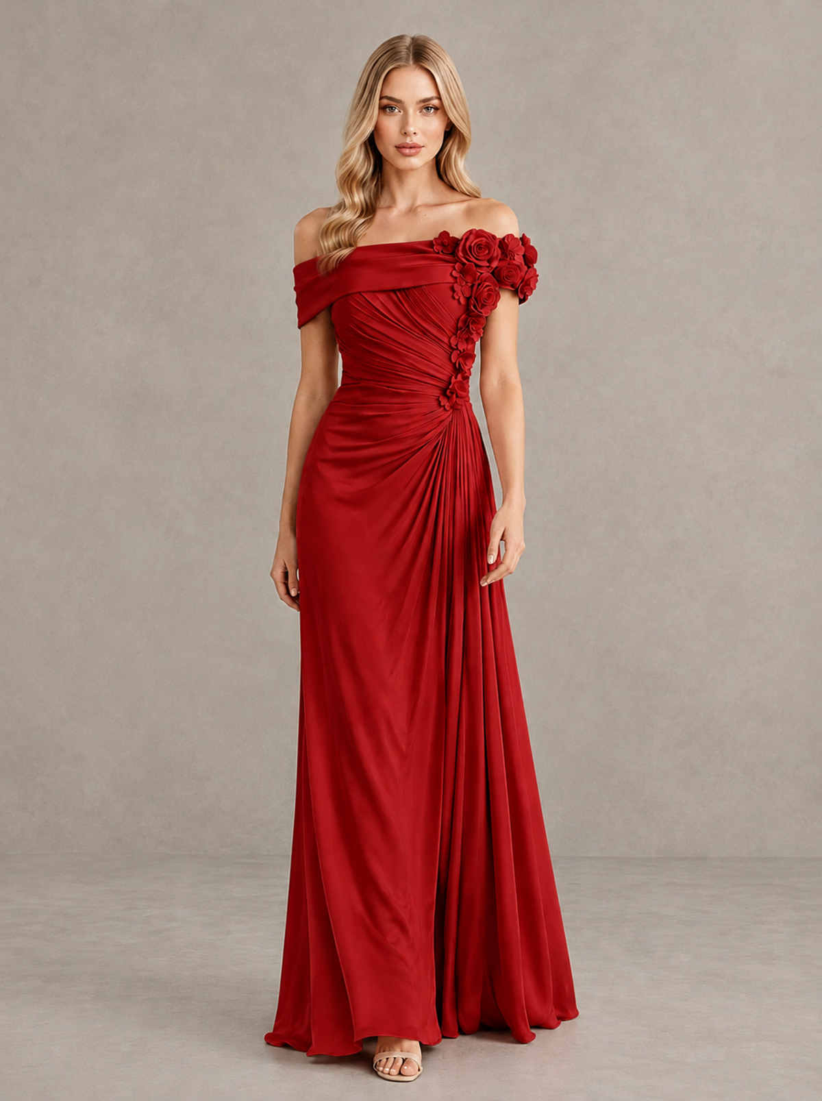 BOLODOO Red Off-Shoulder Floral Applique Wedding Guest Maxi Dress - Red - Red (1)