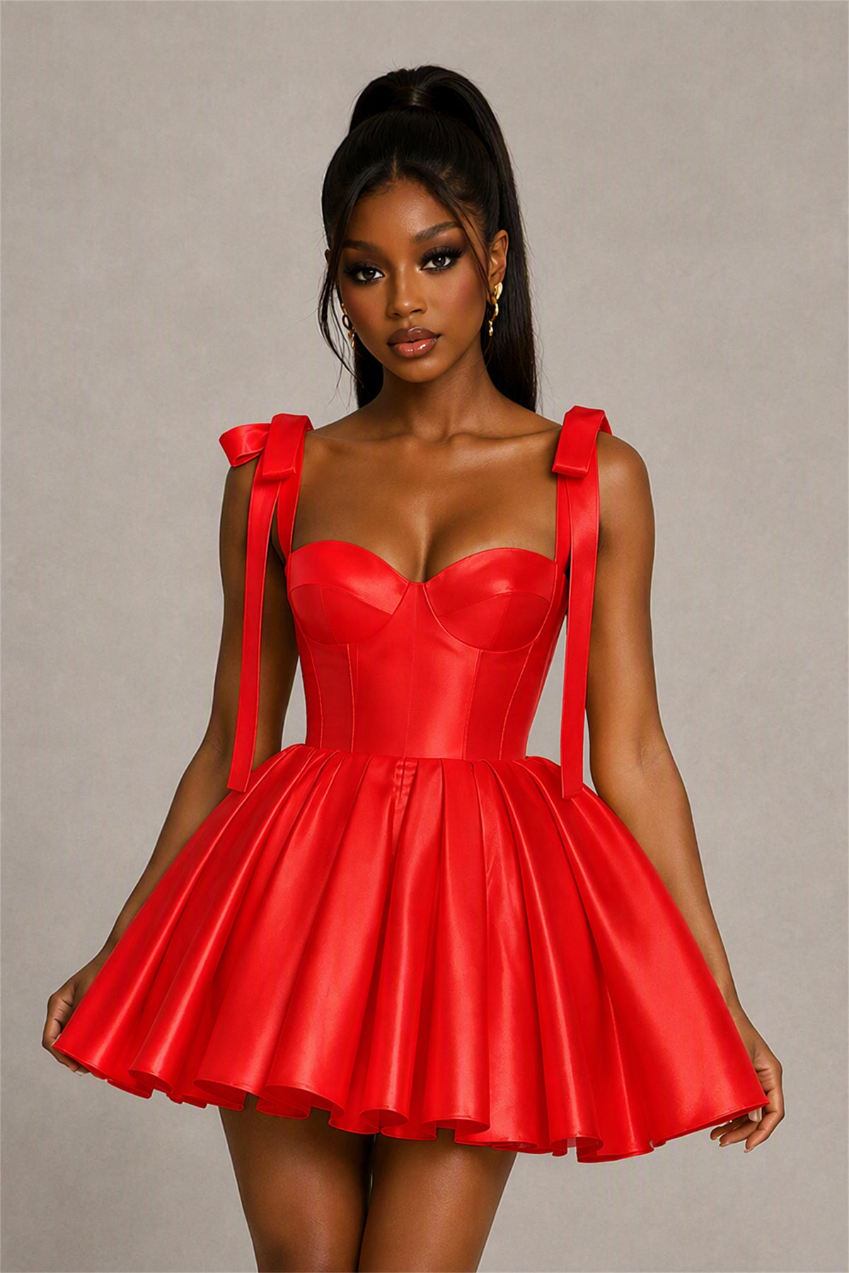 BOLODOO Red Satin Sweetheart Corset Bow Strap Lace-Up Open Back Full Skirt Mini Dress | Prom Cocktail Party Dress - Red