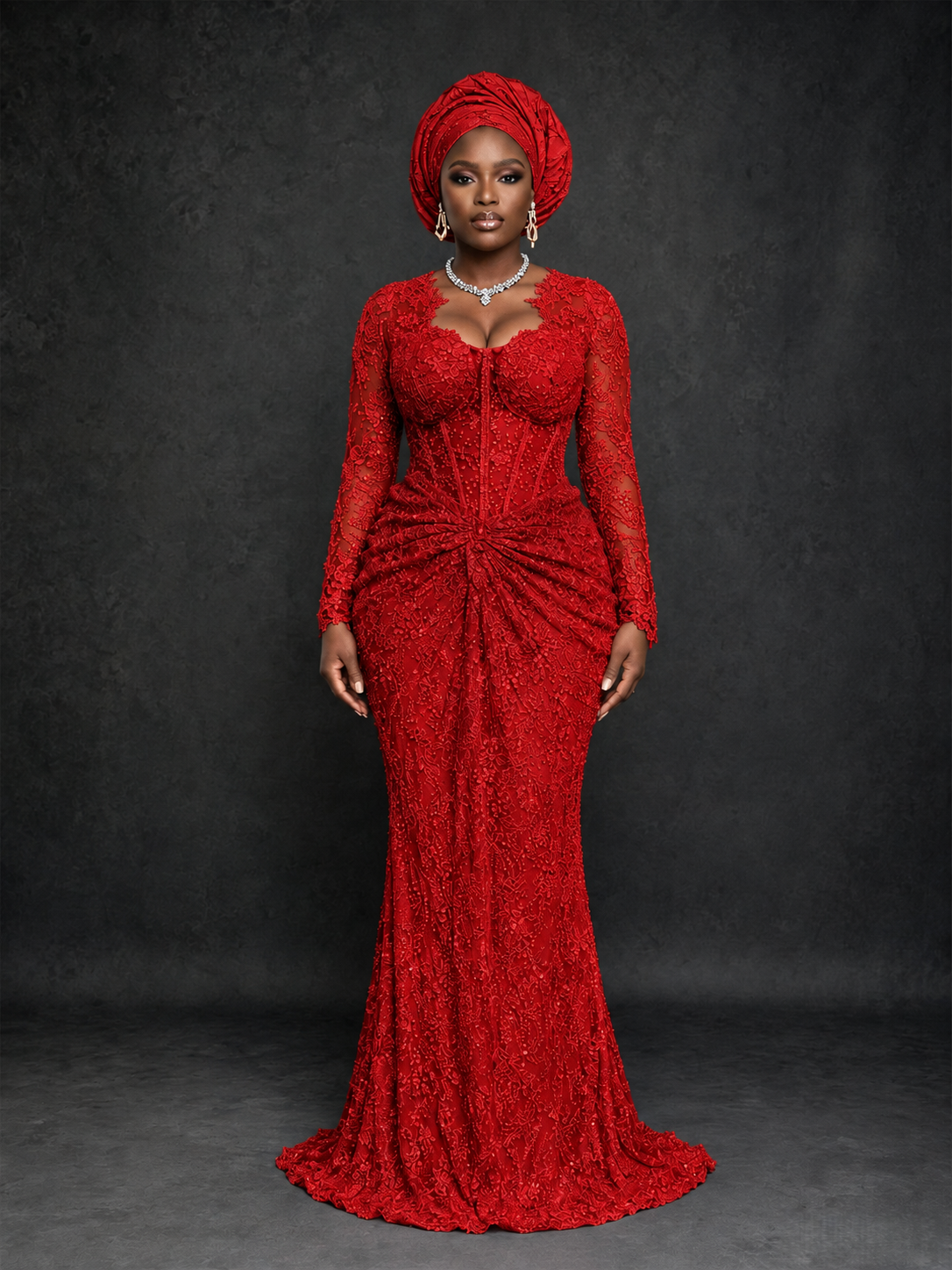 BOLODOO Red Beaded Lace Long Sleeve Mermaid Gown Sweetheart | Mother of the Bride - Red