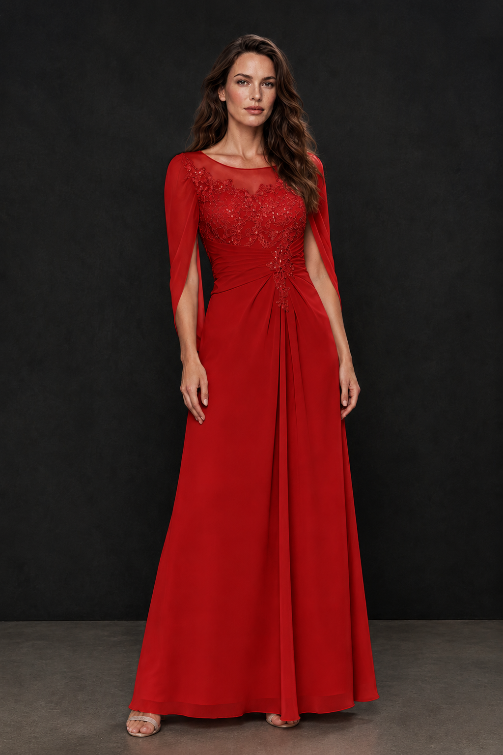 BOLODOO Red Illusion Lace One-Side Cape Sleeve Beaded Chiffon Floor Length Gown | Mother of the Bride Evening Dress - Red