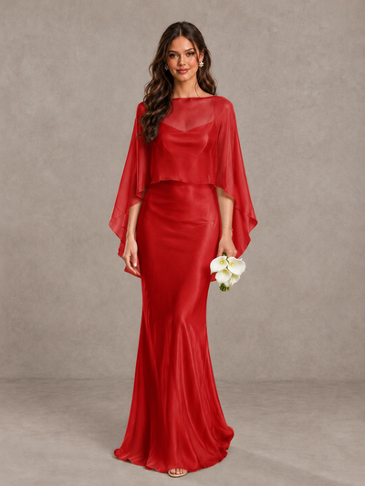 BOLODOO Red Satin Mermaid Bridesmaid Dress with Chiffon Cape - Red - Red (1)