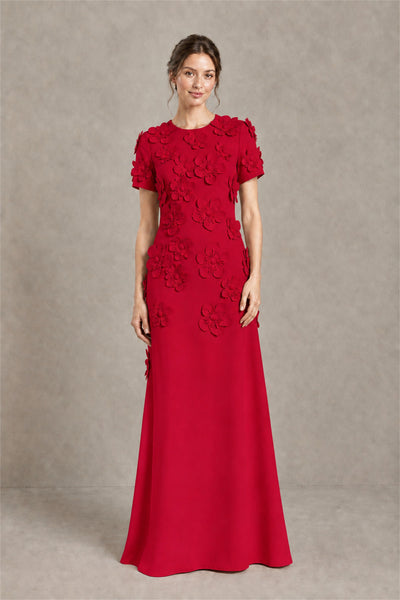 BOLODOO Red Textured Floral Maxi Dress with Short Sleeves - Red