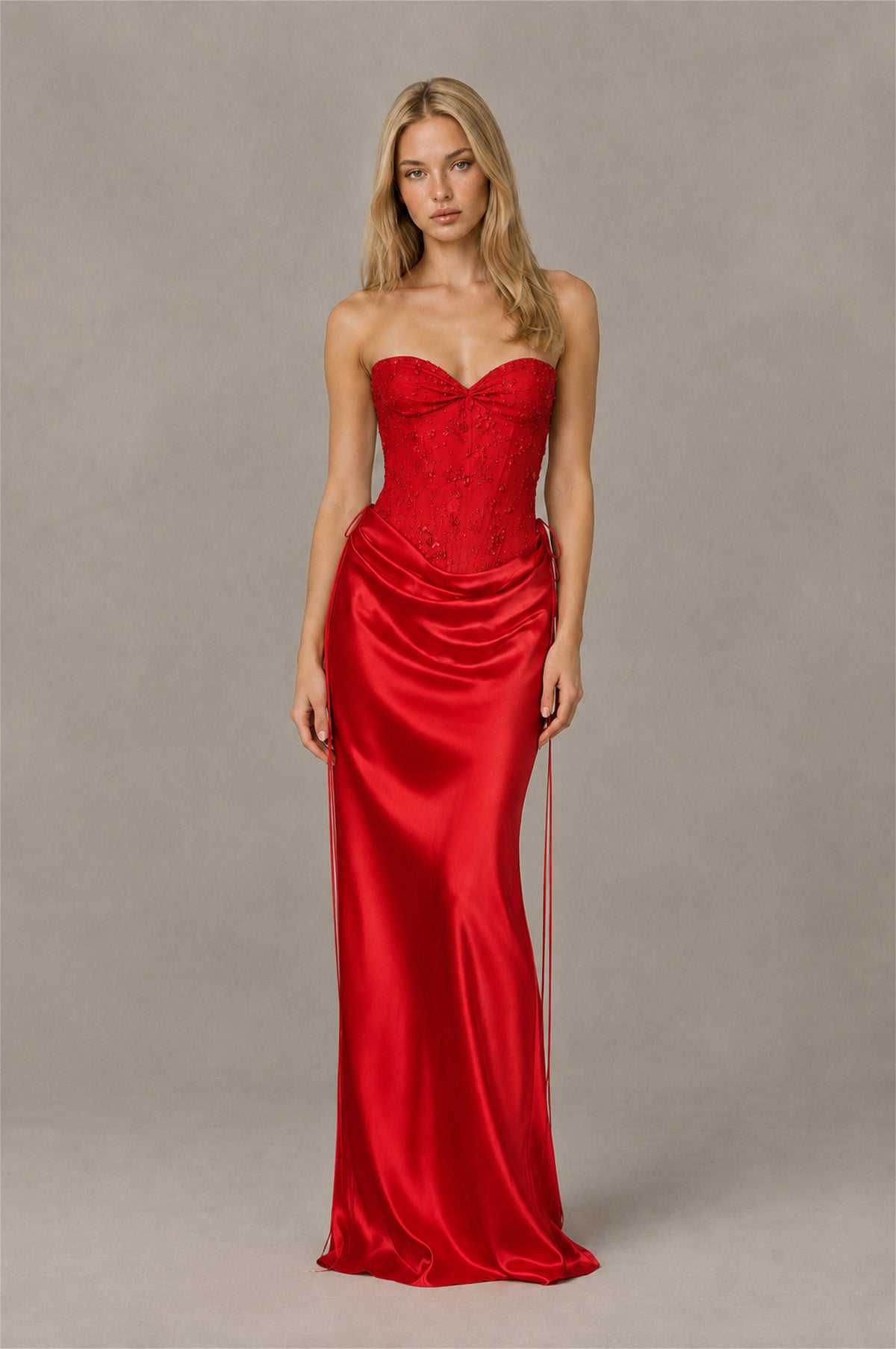 BOLODOO Red Strapless Embellished Corset Satin-Look Maxi Dress - Red