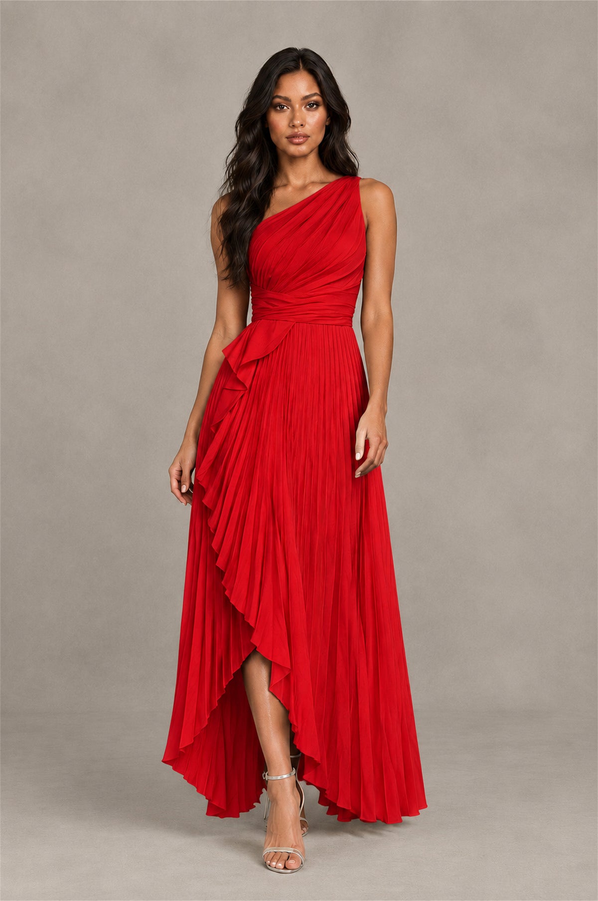 BOLODOO Red One-Shoulder High-Low Ruffle Maxi Dress - Red