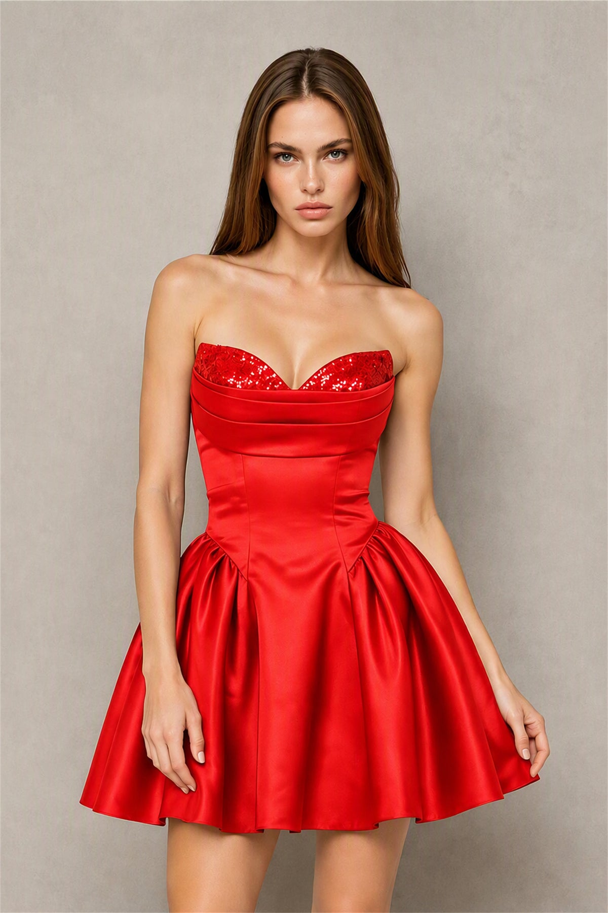 BOLODOO Red Satin Sequin Sweetheart Strapless Corset Lace-Up Back A-Line Mini Dress | Prom Cocktail Homecoming Dress - Red