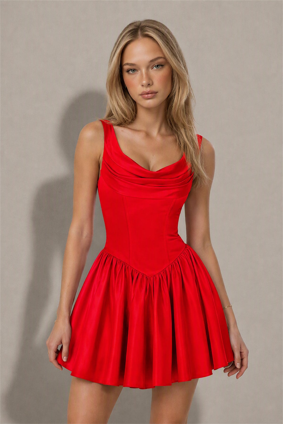 BOLODOO Red Satin Cowl Neck Wide Strap Corset Lace-Up Back Fit and Flare Mini Dress | Prom Cocktail Date Night Dress - Red