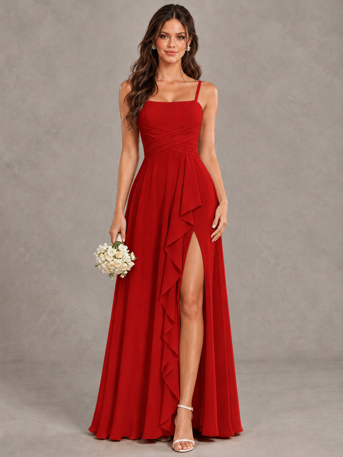 BOLODOO Red Spaghetti Strap Ruffle Bridesmaid Dress with Slit - Red - Red (1)