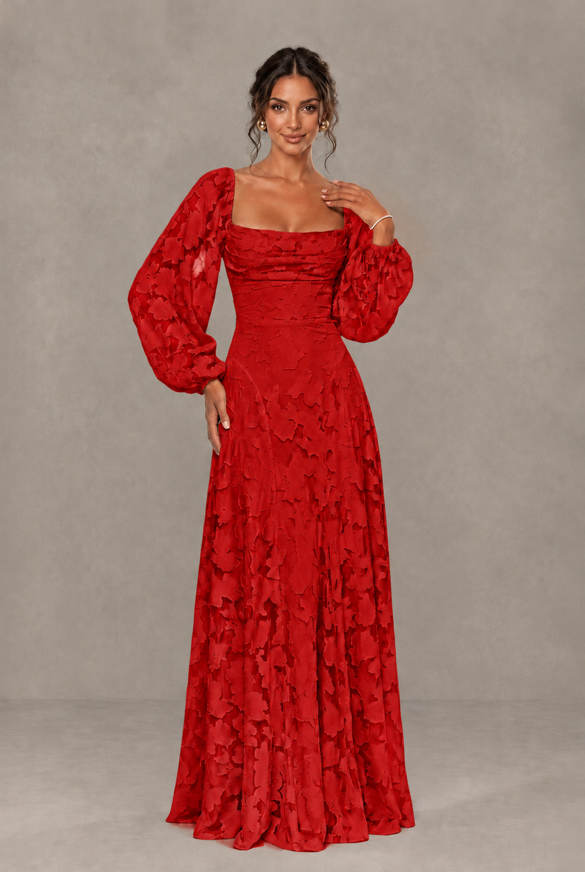 BOLODOO Floral Red Long Sleeve A-Line Dress with Lace-Up Back - Red