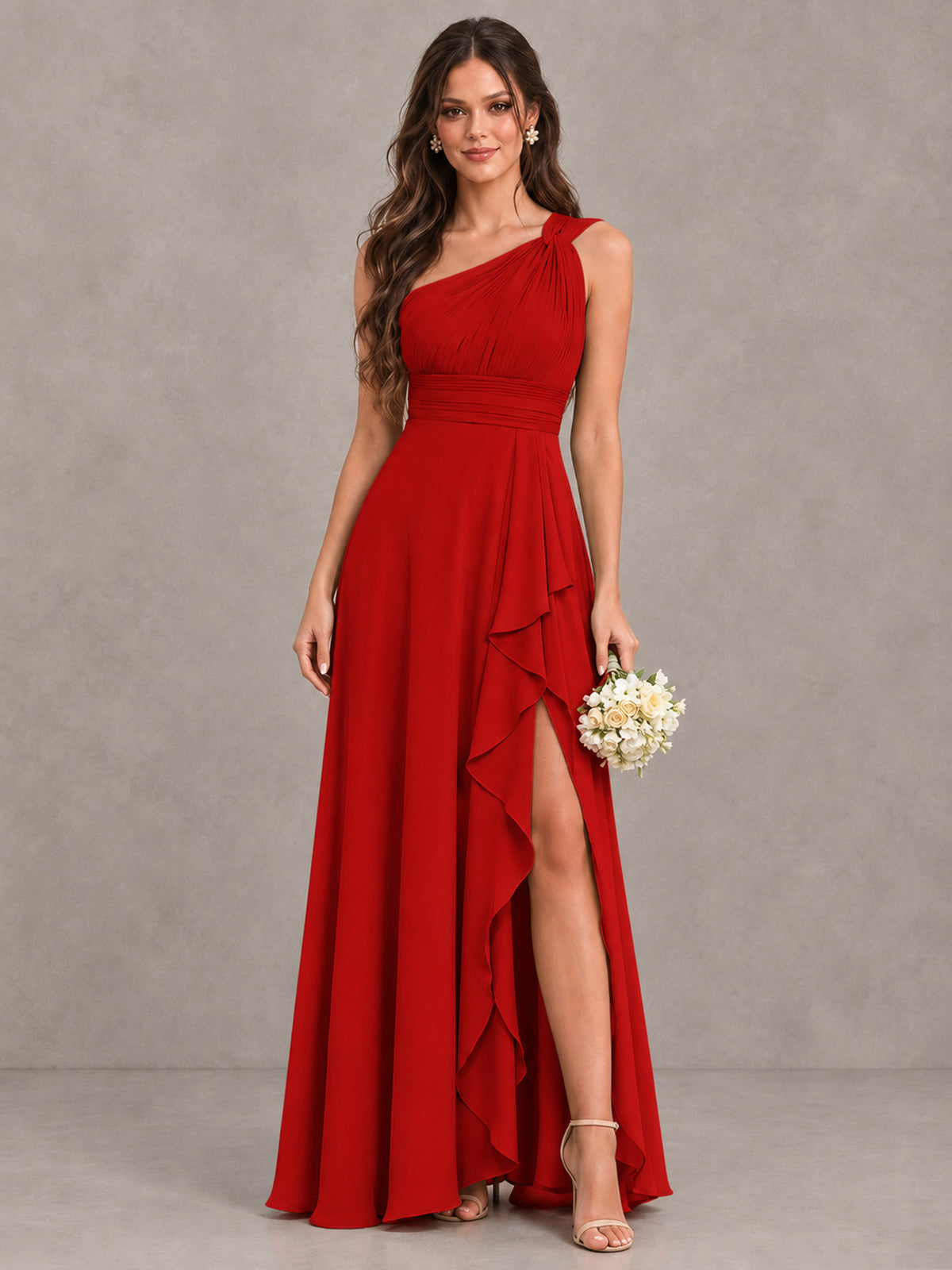 BOLODOO Red One-Shoulder Ruffle Bridesmaid Dress with Slit - Red - Red (1)